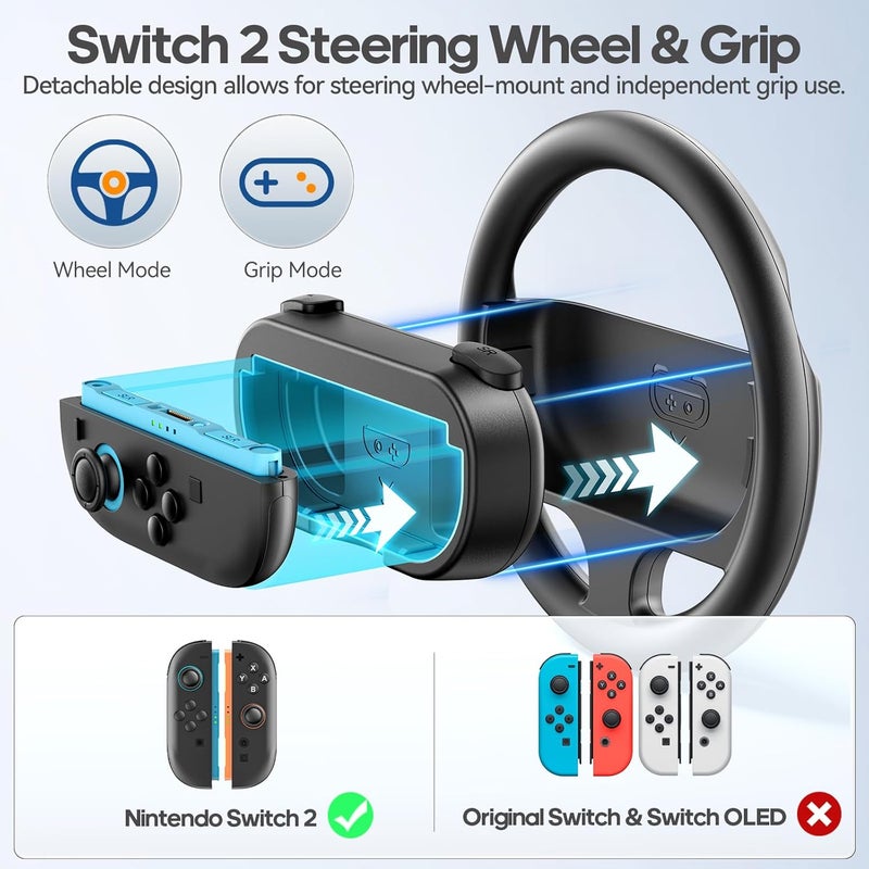 Rysker Steering Wheel & Grip for 2025 Nintendo Switch 2 JoyCon, Joy Con 2 Racing Wheel with Detachable Controller Grip for Mario Kart World 8 Deluxe, Switch Attachment Accessories Kit -2 Packs Black - Image 2